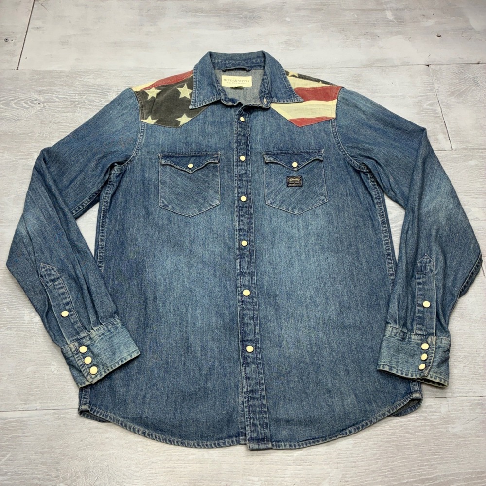 Denim & Supply Ralph Lauren Western Shirt Men S Blue Flag Patch Denim Snap SN